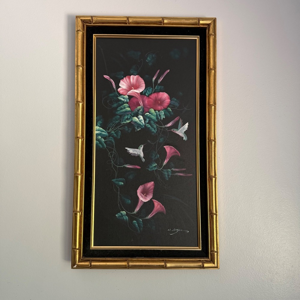 Vintage N Lopez Hummingbird Morning Glory Oil Painting Gold Faux Bamboo Frame
